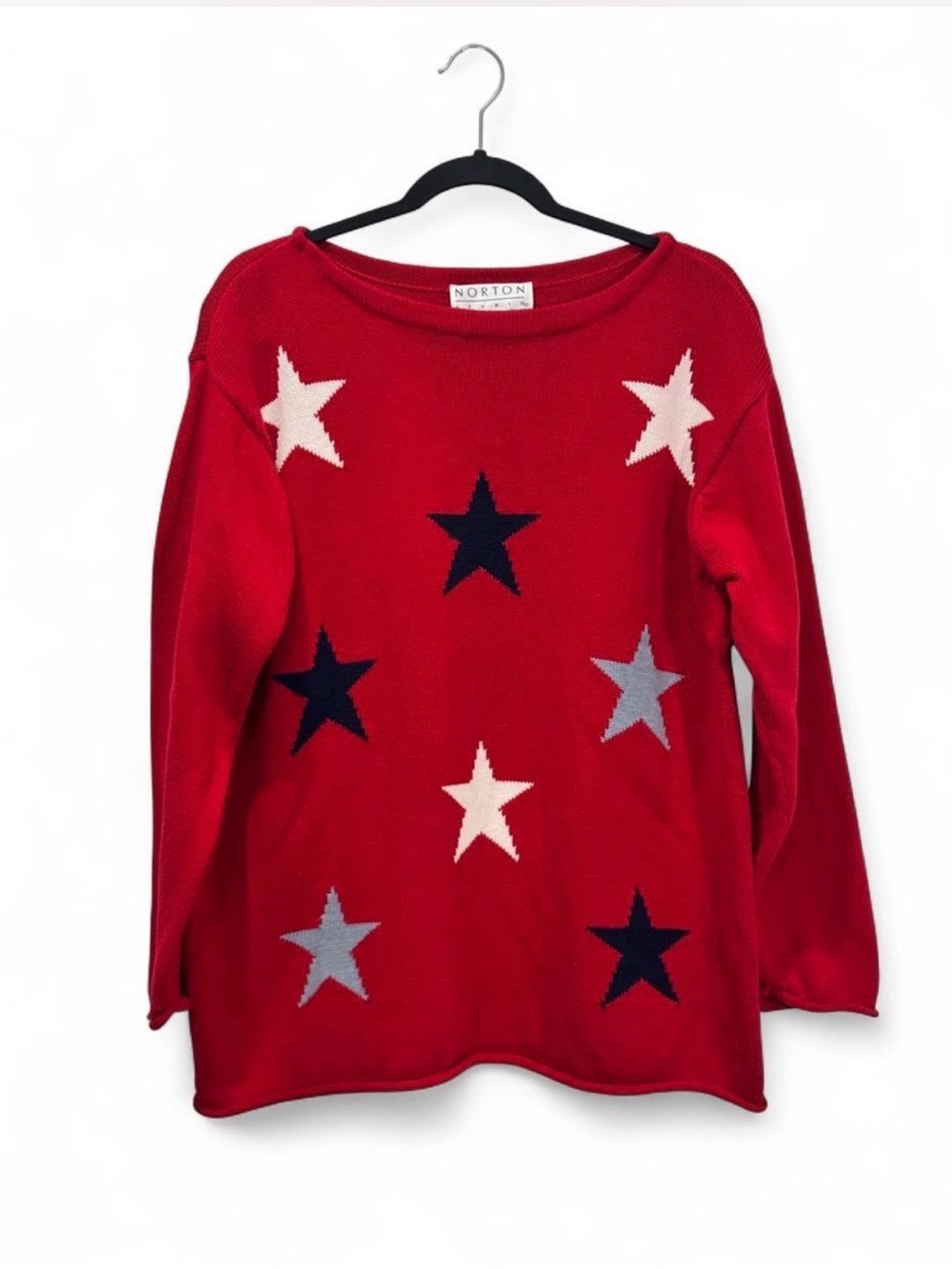 Vintage Cotton Sweater Red with Stars L Americana Fall Patriotic Cottage Granny